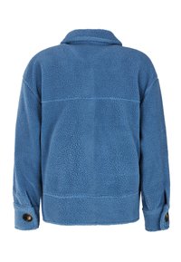 Veste en polaire bleue avec une surface texturée, un design à col et des poignets boutonnés. Présente une coupe décontractée et une couture horizontale dans le dos.