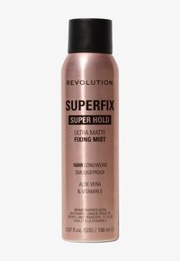 Revolution Superfix Ultra Matte Fixing Mist in einer metallischen roségoldenen Dose mit schwarzem Deckel, beschriftet mit Produktdetails und Vorteilen.