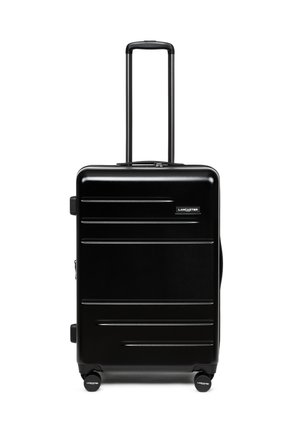 Valise rigide noire avec poignée télescopique et quatre roues, de marque Lancaster, debout sur un fond blanc.