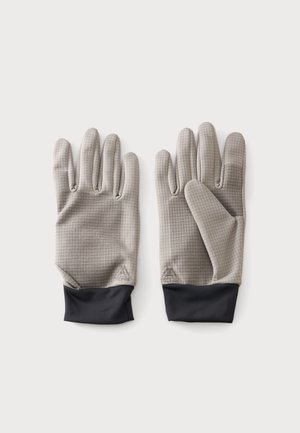 Paire de gants en tissu gris clair avec poignets noirs, montrant le devant et le dos sur un fond blanc.