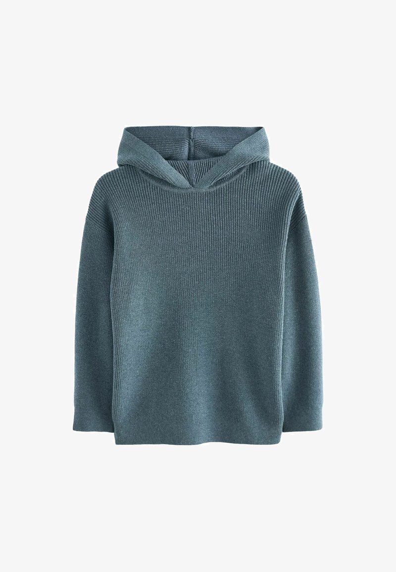 Huvtröja i mjukt blågrått garn med ribbat mönster, avslappnad passform och en bred huva med sömlös design.