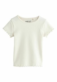 Ribbed white short-sleeve T-shirt featuring scalloped edges, a round neckline, and a tag indicating the brand "NEXT."
