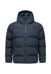 Giacca invernale imbottita blu navy con cappuccio, zip frontale, coulisse e tasche laterali con zipper.