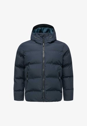 Navy blue padded winter jacket with hood, front zipper, drawstrings, and zippered side pockets.