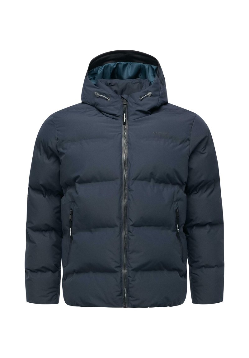 Giacca invernale imbottita blu navy con cappuccio, zip frontale, coulisse e tasche laterali con zipper.