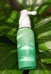 Zielona plastikowa butelka Coola Scalp & Hair Mist Sunscreen, SPF 30, z białą pompką, na tle dużego zielonego liścia, z widocznymi kroplami wody.