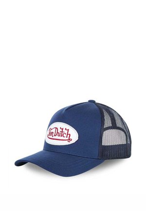 Casquette bleu marine avec une avant structurée, des côtés et un dos en mesh. Présente un logo "Von Dutch" brodé en rouge sur un patch ovale blanc.