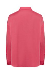 Long-sleeve shirt in bright pink, made from smooth fabric. Features a collar and buttoned cuffs, simple design with no patterns.