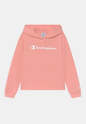 Lyserød Champion-hættetrøje med lange ærmer, frontlogo-tekst, lille ærmelogo og fasthætte hætte, størrelse small.