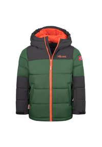 Padded bunda v tmavě zelené a šedé barvě s oranžovým zipem a kapucí, s logem a nášivkou vlajky na rukávu.