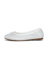 Weiße Ballettschuhe, verziert mit klaren Strasssteinen, mit einer abgerundeten Spitze und einer kleinen Schleife an der Vorderseite. Flache, strukturierte Sohle.