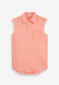 Camisa sin mangas de botones en coral claro con rayas verticales blancas, bolsillo en el pecho y dobladillo redondeado. Tejido texturizado.