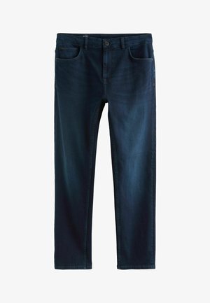 Granatowe dżinsy z prostymi nogawkami, pięcioma kieszeniami, zapięciem na guziki i zamek błyskawiczny oraz widocznym przeszyciem wzdłuż szwów.