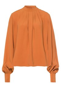 Langärmlige, orange Bluse mit hohem Kragen, plissierter Vorderseite und elastischen Manschetten. Hergestellt aus glattem Stoff mit einem lockeren Schnitt.