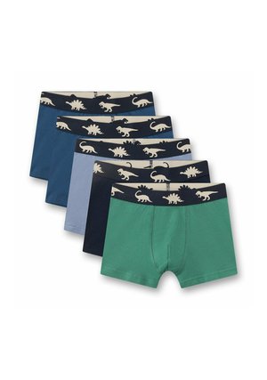 Cinque paia di boxer da ragazzo in verde, blu navy, azzurro e blu scuro con motivi di dinosauri sulle fasce nere in vita.