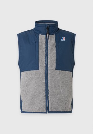 Veste sans manches bleu marine avec panneaux avant en polaire grise, col montant, fermeture zippée et petit logo K-Way sur la poitrine.