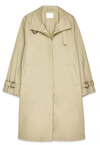 Bēša lietussargs ar platu apkakli, priekšējo aizdari, sānu kabatām un sprādžu akcentiem piedurknēs. Gluda, viegla auduma, kas nodrošina brīvu piegulumu.