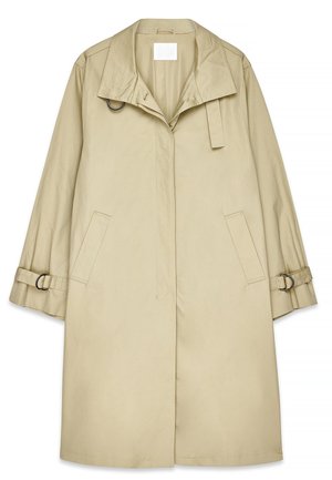 Beige raincoat with a wide collar, front placket, side pockets, and buckle accents on sleeves. Smooth, lightweight fabric with a relaxed fit.