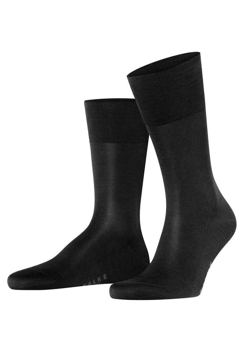 Sorte sokker lavet af glat stof, med forstærket tå og hæl, samt en ribbet manchet for komfort og et elegant, sømløst design.