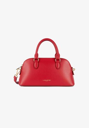 Red leather handbag with a textured finish, dual top handles, gold-tone hardware, and a detachable shoulder strap. Emblem on the front.