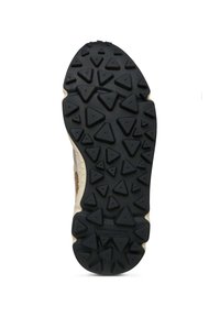 Schwarze Gummisohle mit dreieckigem Profil und beigem Rand. Entwickelt für verbesserten Halt und Stabilität auf verschiedenen Oberflächen.