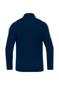 Marineblaues Langarm-Poloshirt mit Kragen, ausgestattet mit weißen Seitenstreifen, weichem Stoff und einem regulären Schnitt. Rückansicht gezeigt.