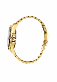 Orologio da polso in oro con cassa tondeggiante, quadrante nero e bracciale metallico con design a maglia e chiusura a scatto.