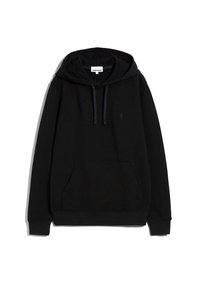 Hoodie noir en tissu doux, avec une poche avant, des poignets et un ourlet côtelés, une capuche à cordon de serrage et un petit logo sur la poitrine.