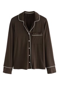 Dunkelbraunes, langärmeliges Pyjama-Oberteil mit weißen Paspeln an Kragen, Vorderseite, Tasche und Manschetten auf weißem Hintergrund.