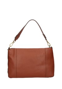 Borsa in pelle marrone con texture a ciottoli, dotata di una sola tracolla e accessori in metallo dorato. Presenta una forma rettangolare e dettagli di cucitura visibili.
