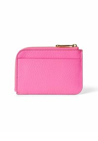 Roze leren portemonnee met een gestructureerde afwerking, voorzien van een ritssluiting en een kaartsleuf aan de voorkant. Goudkleurige accenten.