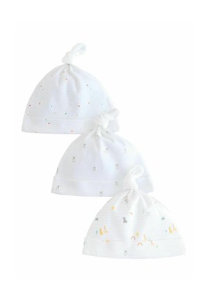 Three soft, white baby hats with knot tops. The first has colorful dots, the second features bear illustrations, and the third has striped patterns with animals.