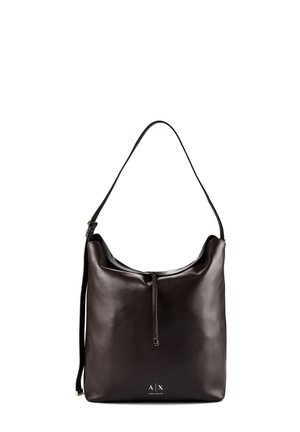 Dunkelbraune Leder-Schultertasche mit einem einzelnen Riemen und einem kleinen Logo vorne unten in der Mitte.