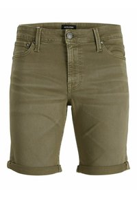 Pantalones cortos de mezclilla verde oliva con dobladillo doblado, con cierre de botón y cremallera, cinco bolsillos y sutiles detalles de lavado.