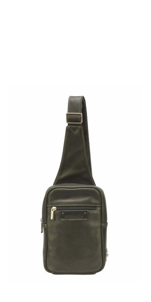 Petit sac bandoulière en cuir noir avec sangle réglable, poche avant zippée et forme rectangulaire.