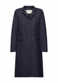 Cappotto lungo blu navy con taglio dritto, rever a punta, due tasche frontali e finitura in tessuto texture. Design classico e minimalista.