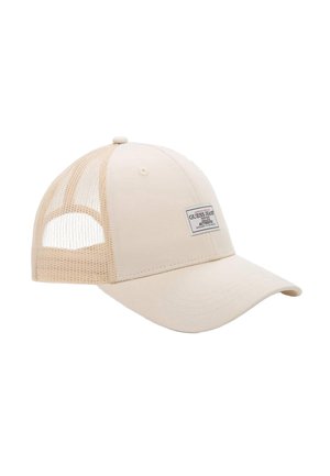 Beige Baseballkappe mit Netzrückenteilen und einem kleinen rechteckigen Guess Jeans Authentic-Label auf dem Vorderteil.