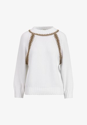 Fehér kötött pulóver magas bordázott gallérral. Díszítő barna szálas részletek a vállakon és az oldalakon. Bordázott szegély és mandzsetták.