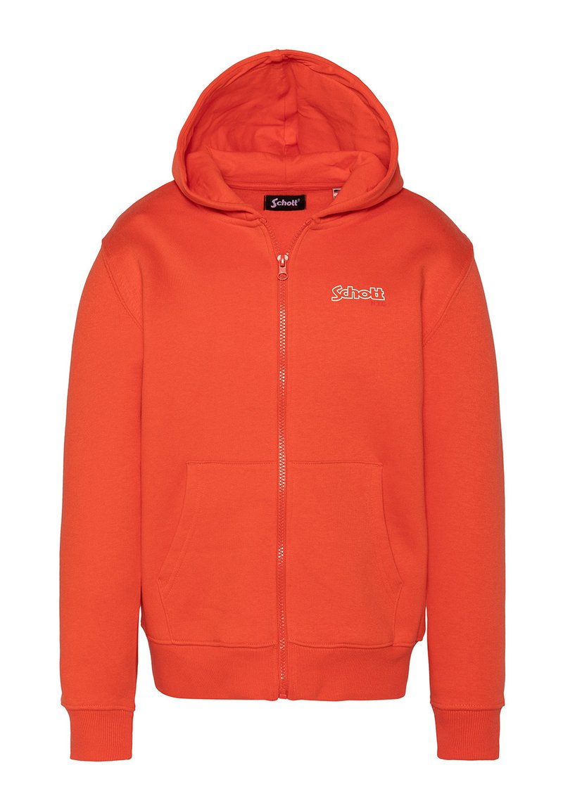 Felpa zip arancione con tasca frontale, materiale in cotone e cappuccio con stringhe. Presenta un logo bianco sul petto e polsini a coste.