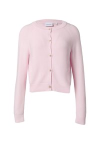 Light pink cardigan made of textured knit fabric, featuring a round neckline, front buttons, and long sleeves with ribbed cuffs.