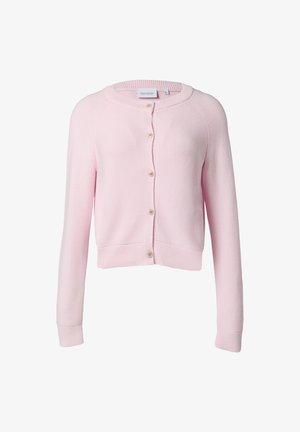 Helles rosa Cardigan aus strukturiertem Strickstoff, mit runder Halslinie, Frontknöpfen und langen Ärmeln mit gerippten Bündchen.