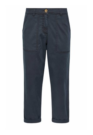 Pantalon court bleu marine avec ourlets retroussés, poches avant plaquées, fermeture à boutons et passants de ceinture, fabriqué dans un tissu lisse.