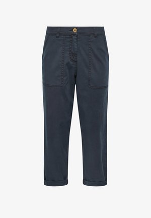 Marineblaue, kurze Hosen mit aufgekrempelten Säumen, vorderen Einschubtaschen, Knopfverschluss und Gürtelschlaufen, aus einem glatten Stoff gefertigt.