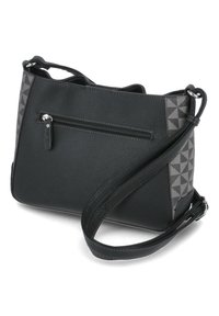 Borsa a tracolla in pelle nera con superficie testurizzata, tasca posteriore con zip e accenti laterali a motivo geometrico. Include una tracolla regolabile.