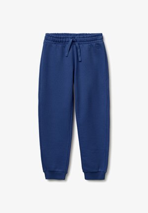 Granatowe spodnie dresowe z elastycznym pasem i sznurkiem, ściągaczami przy kostkach i gładką fakturą materiału.