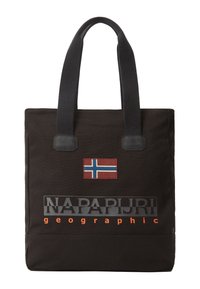 Sac cabas noir avec deux anses, avec un petit écusson du drapeau norvégien et « NAPAPIJRI geographic » imprimé sur le devant.