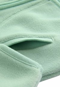 Sweatshirt din flaus verde deschis, cu o textură moale și un detaliu de buzunar frontal, având cusături vizibile pe margini.