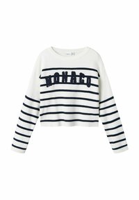 Maglione bianco corto con strisce orizzontali blu navy. Presenta la scritta "MONACO" in lettere blu navy testurizzate sul petto. Materiale in maglia morbida.