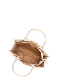 Witte leren handtas met twee handvatten, ruime binnenkant met een stoffen voering met een herhaald logo patroon en een ritsvak.