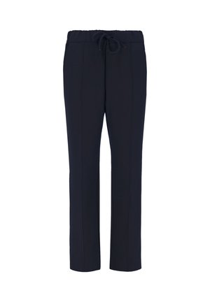Pantaloni blu navy realizzati in morbido tessuto, dotati di una vita elasticizzata con cordino, gambe dritti e sottili dettagli di cucitura.
